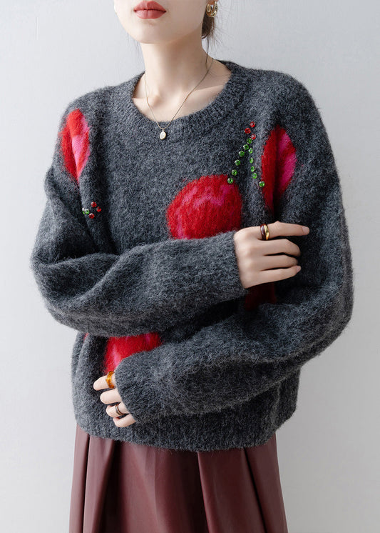 Fashion Grey O Neck Zircon Knit Sweaters Spring