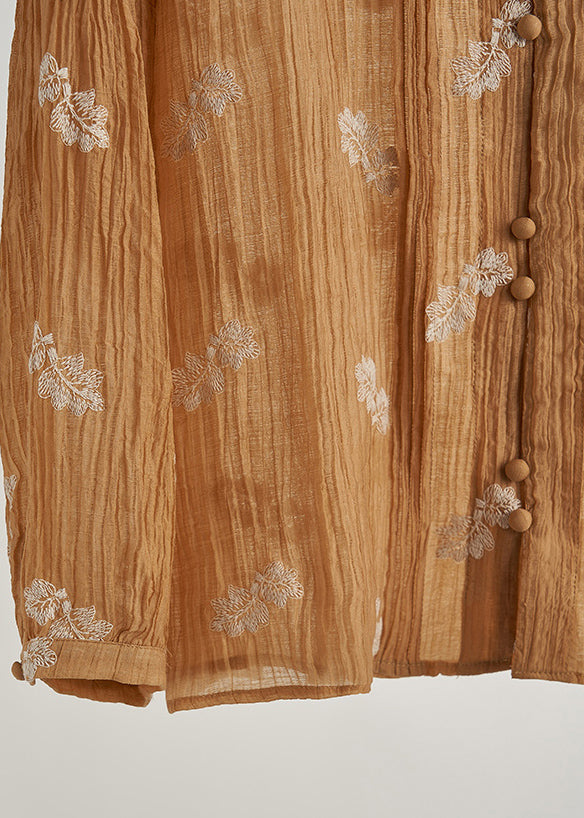 Blusas de algodón arrugado con bordados caqui de moda para primavera