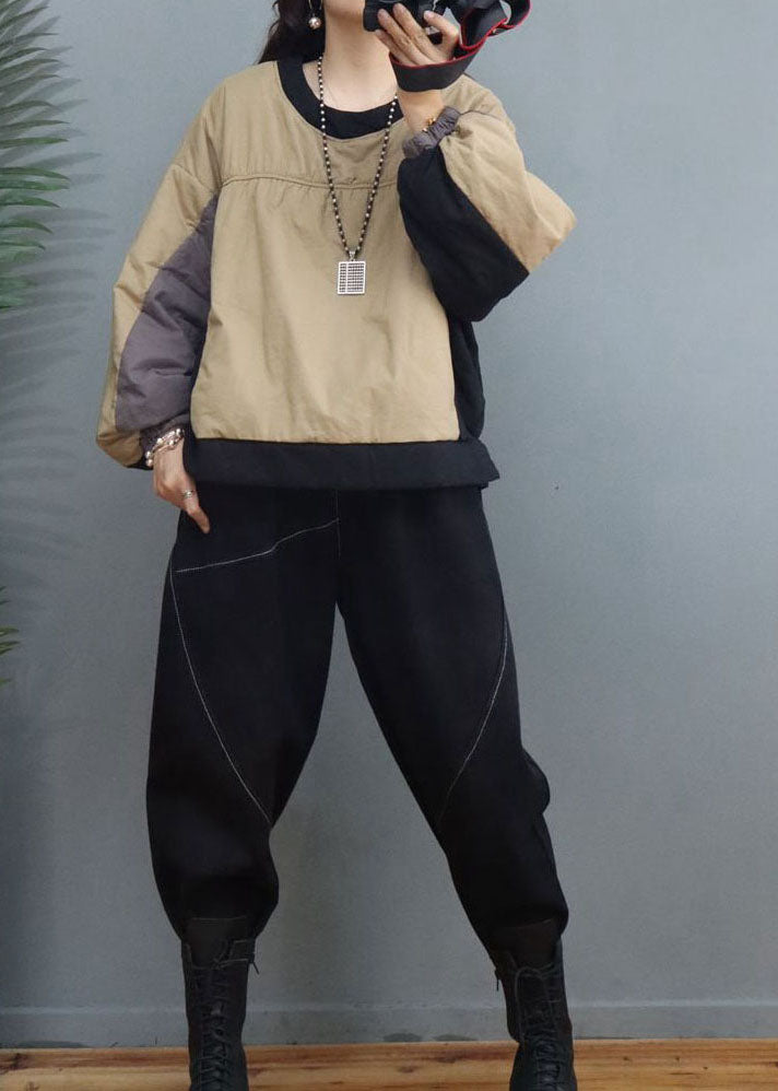 Modisches Sweatshirt mit O-Ausschnitt und Laternenärmeln in Khaki mit feiner Baumwolle