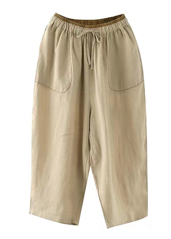 Pantalones cortos lisos de cintura elástica con lazo y retazos de color caqui a la moda para verano