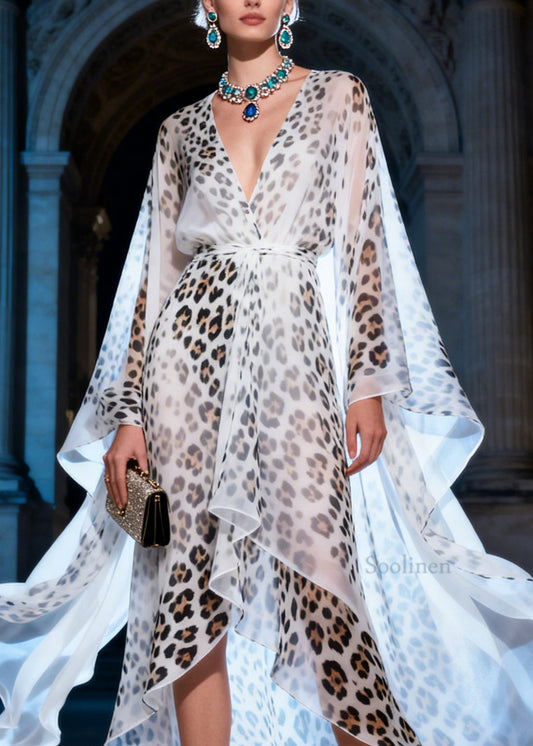 Fashion Leopard Print V Neck Asymmetrical Patchwork Chiffon Dress Summer