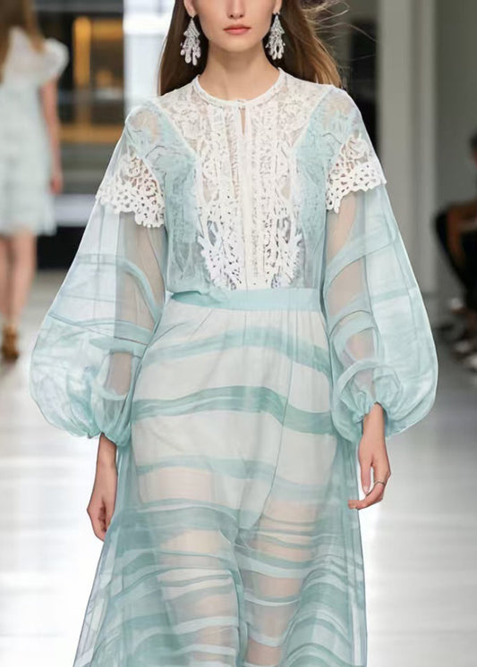 Fashion Light Blue Print Lace Patchwork Chiffon Ankle Dress Summer