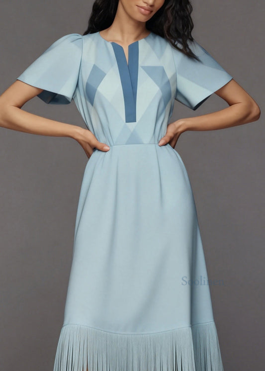 Fashion Light Blue Tasseled Patchwork Cotton Long Dress Summer
