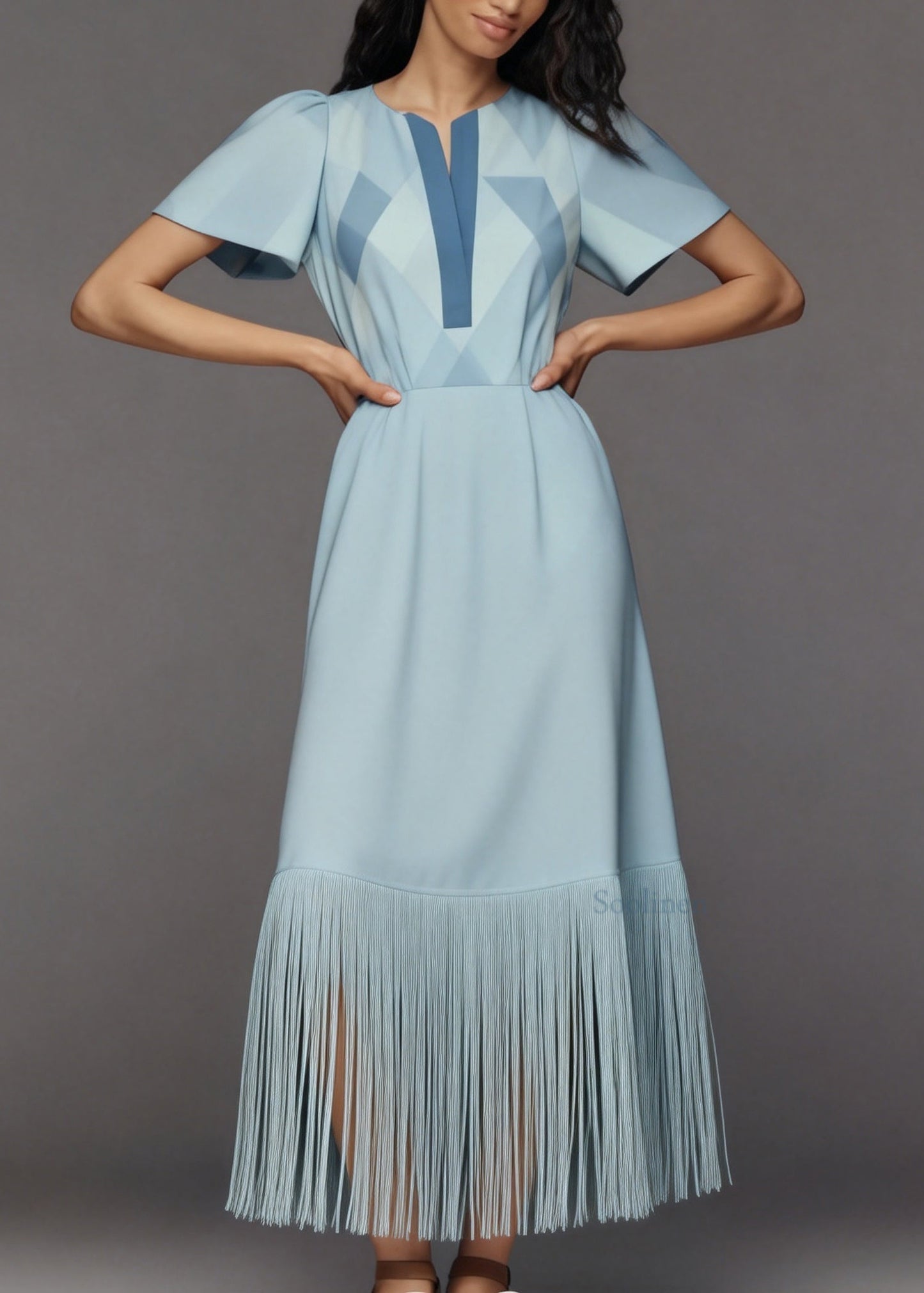 Fashion Light Blue Tasseled Patchwork Cotton Long Dress Summer