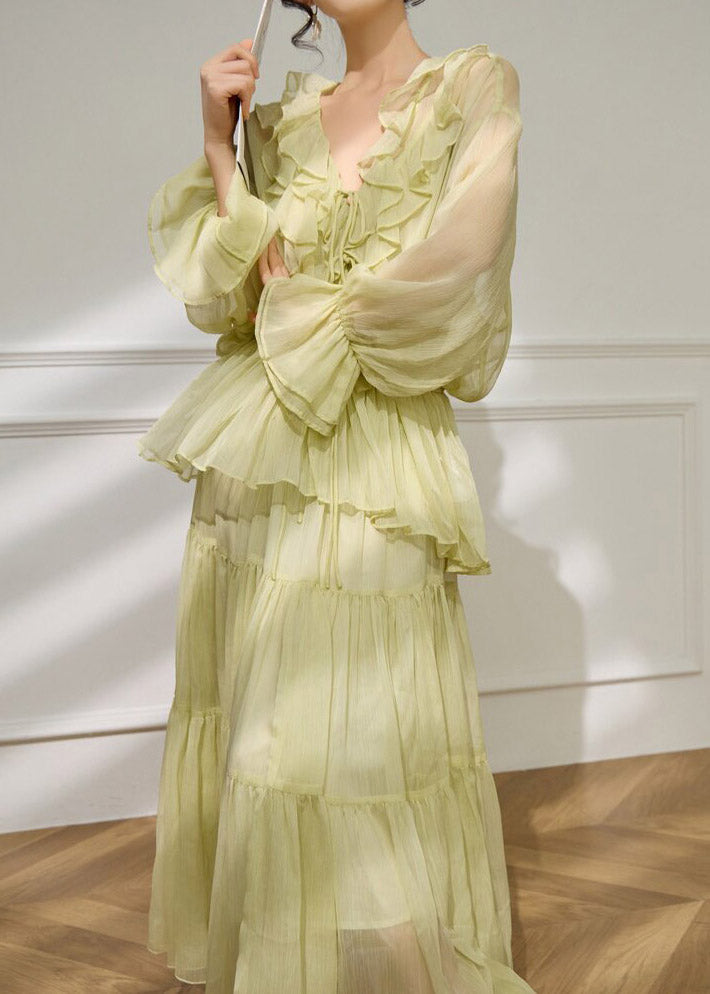 Fashion Light Green V Neck Ruffled Shirts And Maxi Skirts Two Pieces Set Flare Sleeve