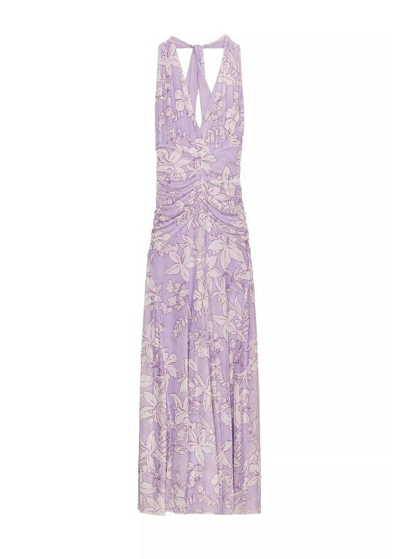 Fashion Light Purple V Neck Print Tulle Dresses Sleeveless