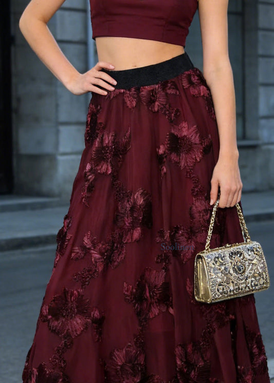 Fashion Mulberry High Waist Floral Wrinkled Tulle Skirt Spring