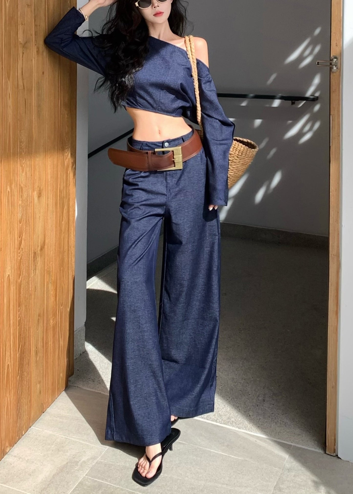 Fashion Navy One Shoulder Denim Two Piece Suit Set Summer