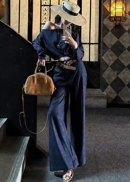 Fashion Navy One Shoulder Denim Two Piece Suit Set Summer