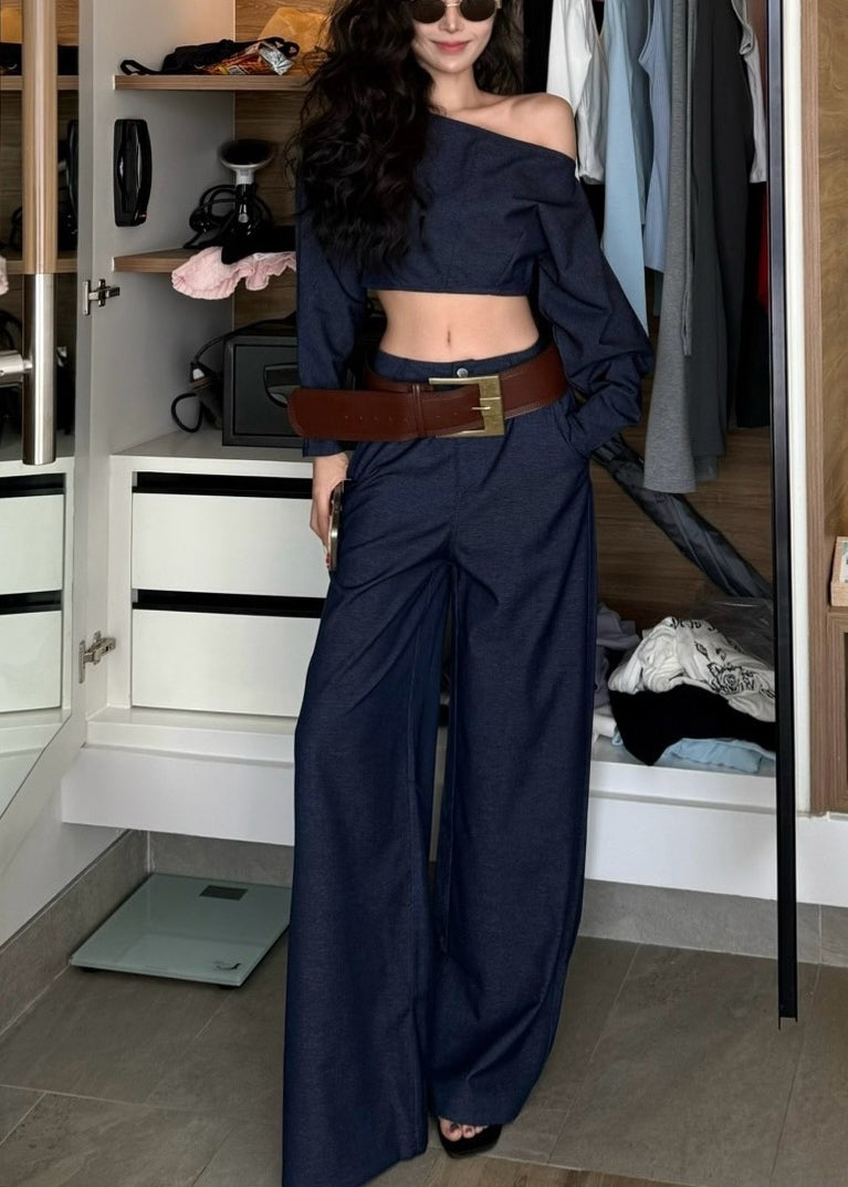 Fashion Navy One Shoulder Denim Two Piece Suit Set Summer