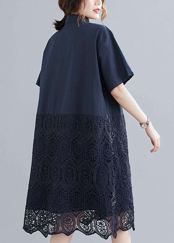 Mode Marine Peter Pan Kragen Knopf Spitze Patchwork Aushöhlen Hemdkleid Kurzarm
