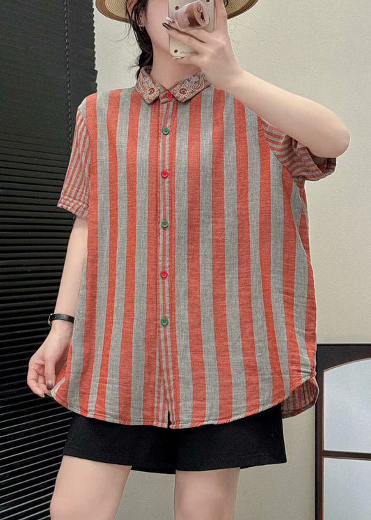 Fashion Orange Embroidered Striped Linen Blouses Summer