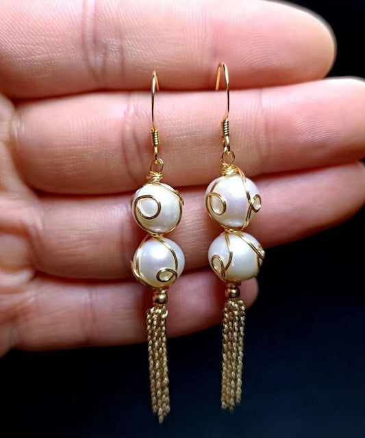 Pendientes colgantes de oro de 14 quilates con borlas de perlas de moda