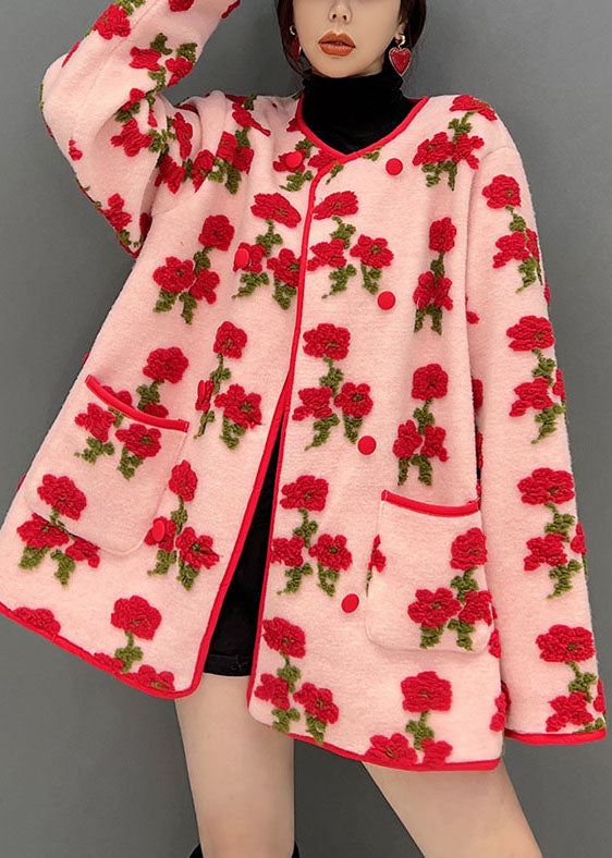 Mode Rosa Übergroßen Floral Jacquard Flauschigen Mäntel Frühling