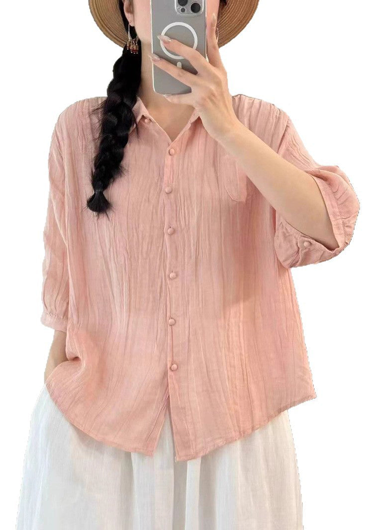 Fashion Pink Oversized Wrinkled Cotton Shirt Top Bracelet Sleeve