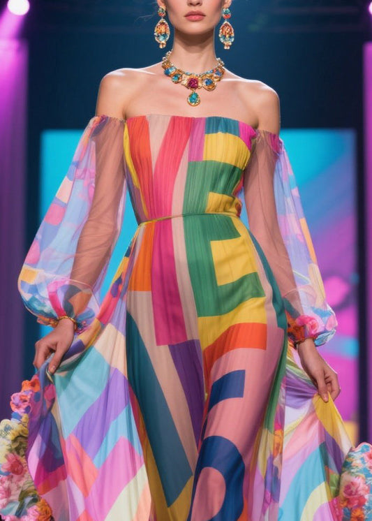 Fashion Pink Print Patchwork Ruffled Chiffon Strapless Dress Summer