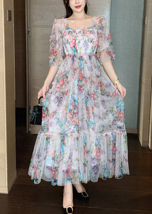 Mode Rosa Rüschen Patchwork Print Tüll Urlaub Kleid Sommer