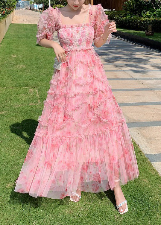 Mode Rosa Rüschen Patchwork Print Tüll Urlaub Kleid Sommer