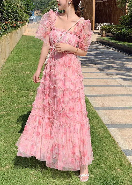 Mode Rosa Rüschen Patchwork Print Tüll Urlaub Kleid Sommer