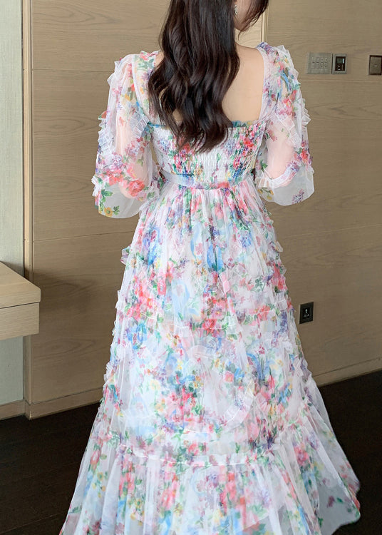 Mode Rosa Rüschen Patchwork Print Tüll Urlaub Kleid Sommer