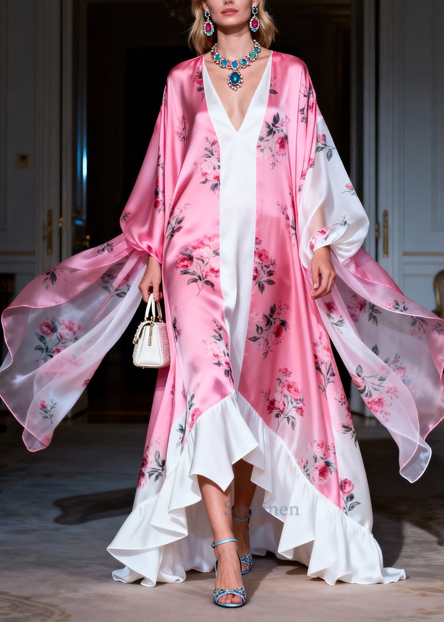 Fashion Pink Ruffles Print Exra Large Hem Silk Party Dress Summer