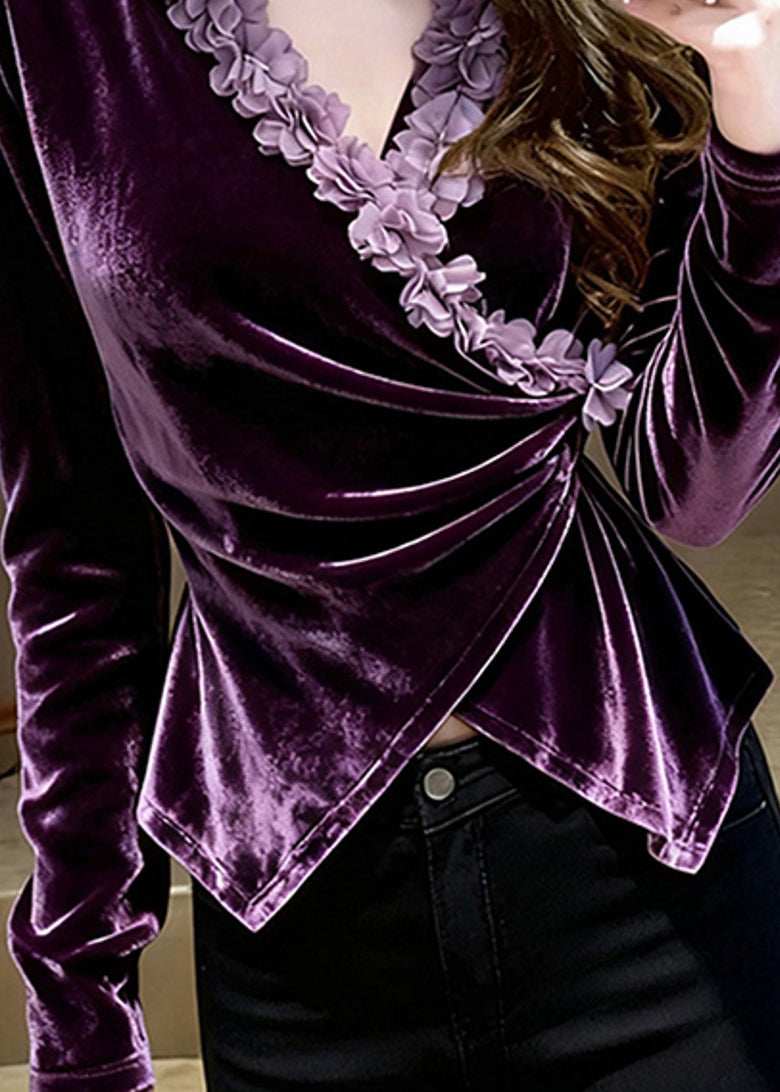 Fashion Purple V Neck Floral Velour Shirts Spring