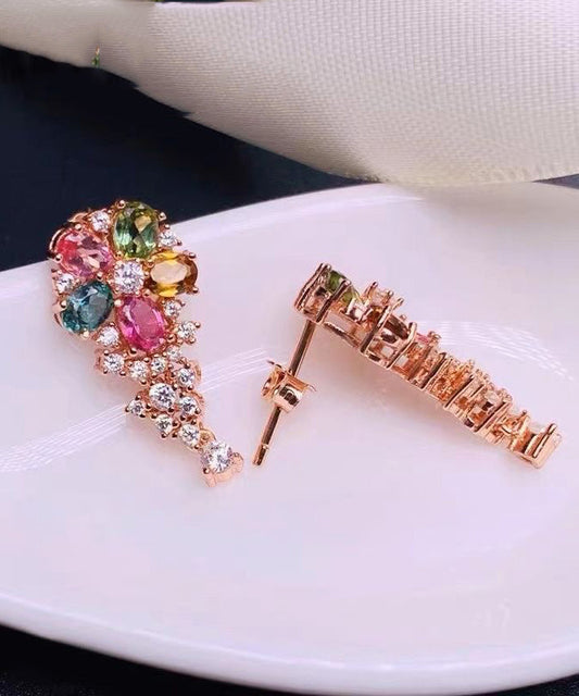 Pendientes de plata de ley con diseño floral de circonitas y cristales dorados con arcoíris