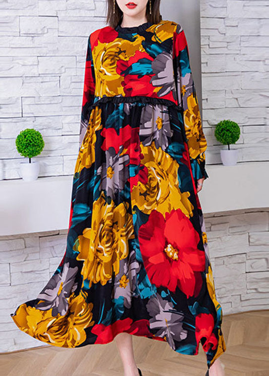 Mode Rot O-Ausschnitt Cinched Floral Print Seide Strandkleider Frühling