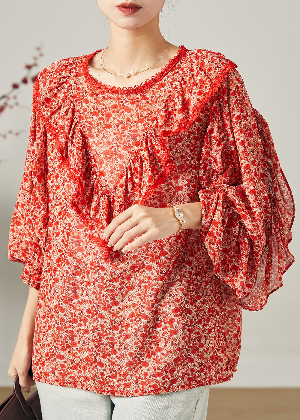 Mode Rot Rüschen Print Chiffon Bluse Top Schmetterling Ärmel