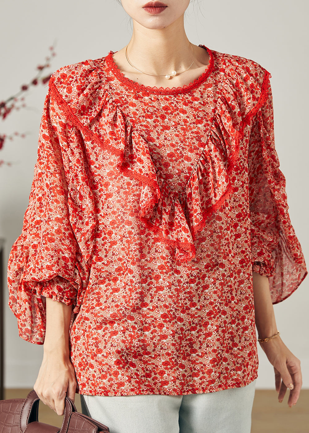Mode Rot Rüschen Print Chiffon Bluse Top Schmetterling Ärmel