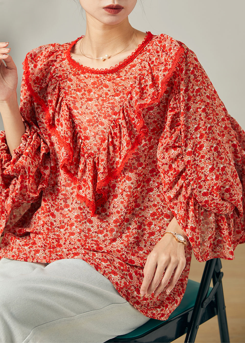 Mode Rot Rüschen Print Chiffon Bluse Top Schmetterling Ärmel
