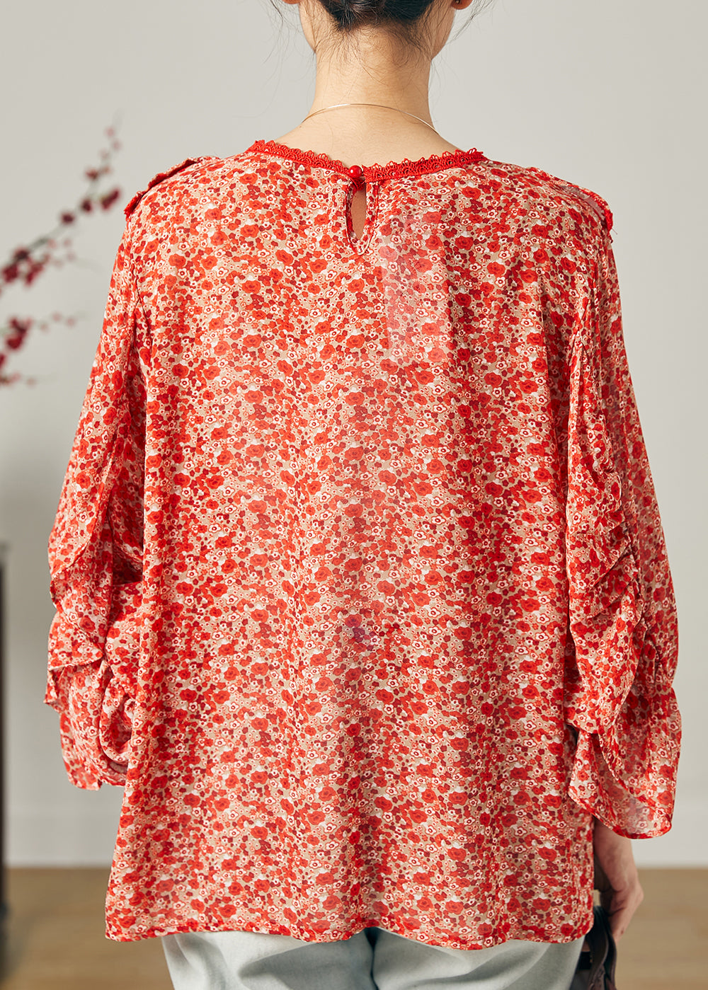 Mode Rot Rüschen Print Chiffon Bluse Top Schmetterling Ärmel