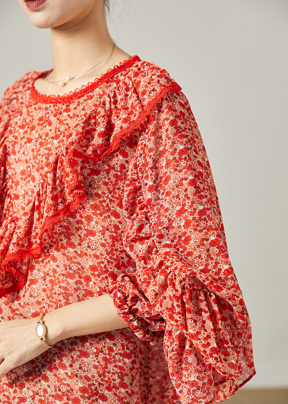 Mode Rot Rüschen Print Chiffon Bluse Top Schmetterling Ärmel