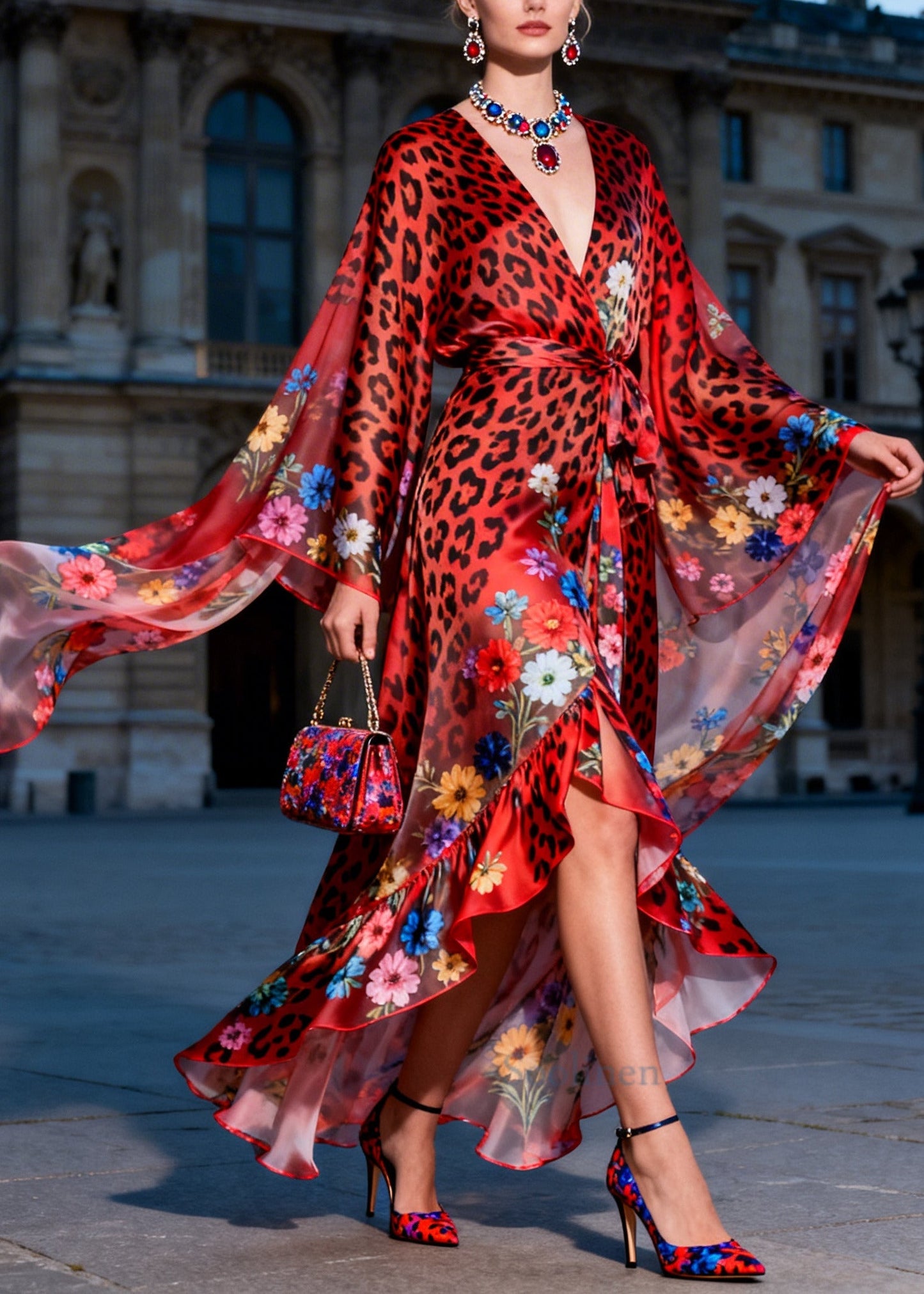 Fashion Red Ruffled Print Chiffon Maxi Dresses Summer
