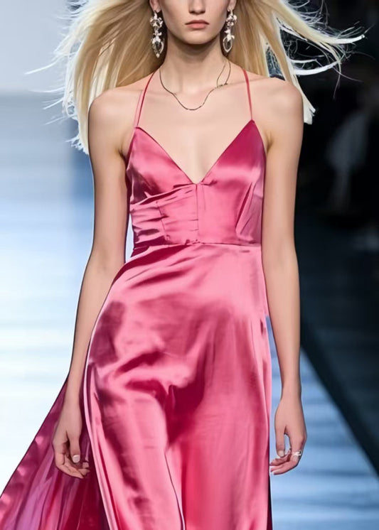 Fashion Rose Exra Large Hem Patchwork Lace Silk Halter Dress Summer