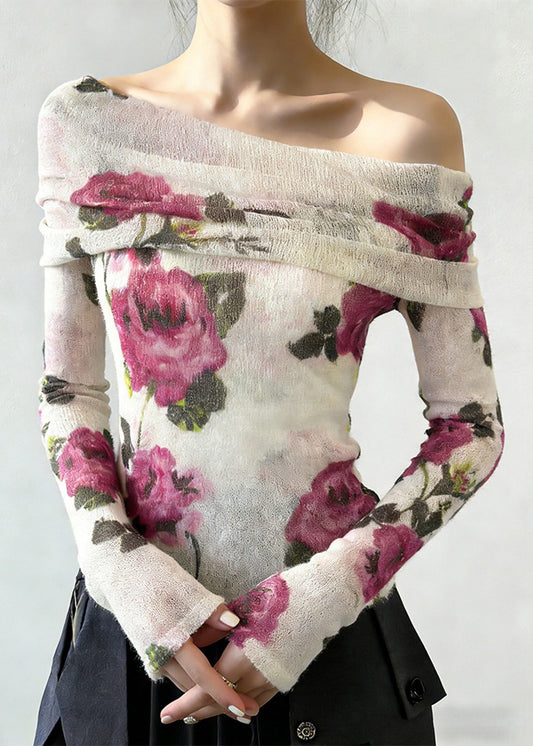 Fashion Slash Neck Print Knitting Cotton T Shirt Spring