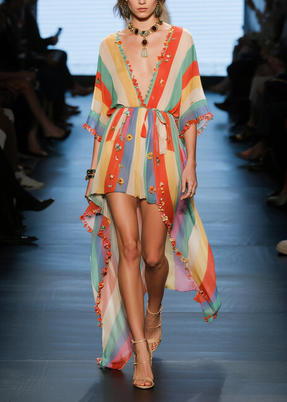 Fashion V Neck Floral Low High Design Cotton Dresses Summer