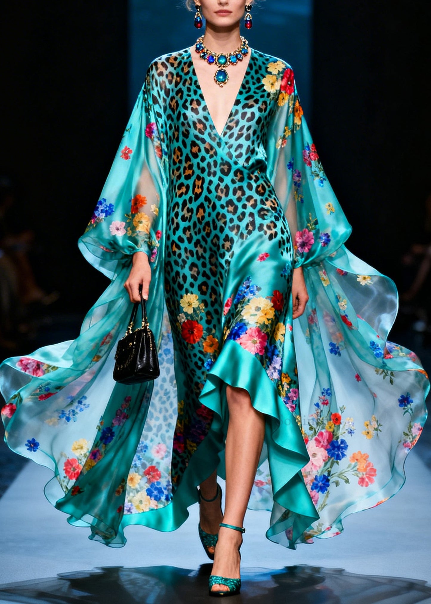 Fashion V Neck Ruffled Print Silk Ankle Dress Summer
