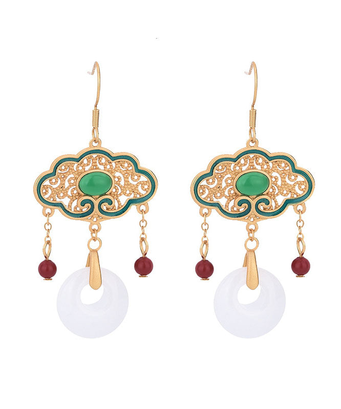 Pendientes colgantes con borlas y hebilla de ping, de aleación blanca, con incrustaciones de gemas de jade y esmalte cloisonné.