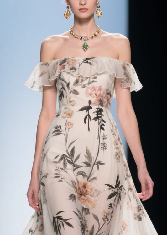 Fashion White Cold Shoulder Print Chiffon Maxi Dress Summer