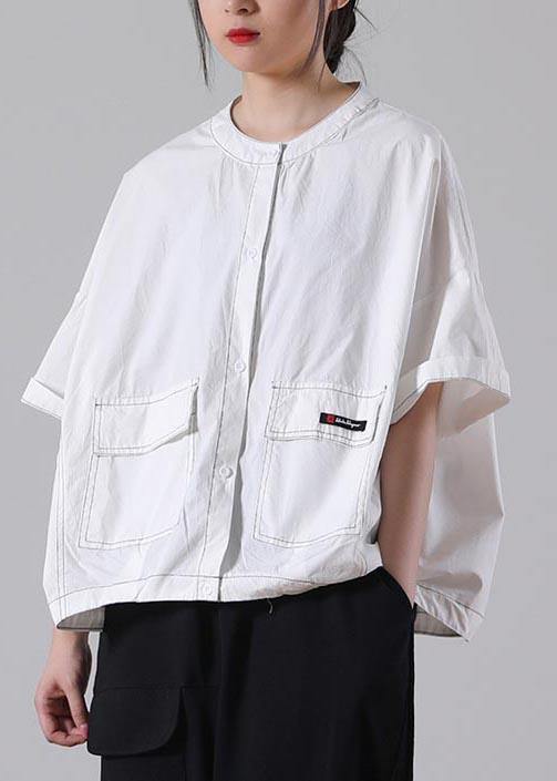 Fashion White Pockets Cotton Shirt Tops Summer - SooLinen