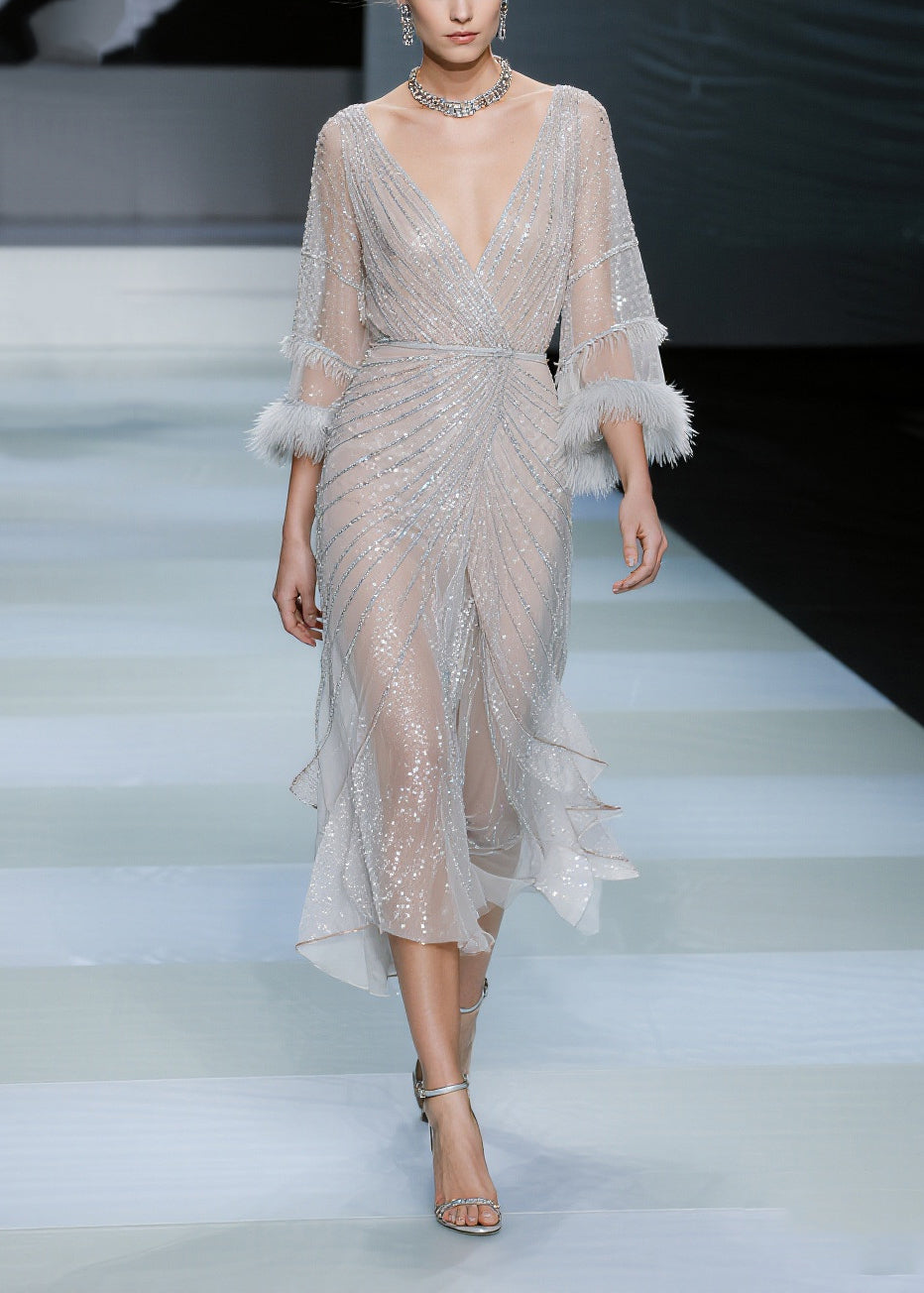 Fashion White Sequins Patchwork Faux Fur Tulle Dresses Summer