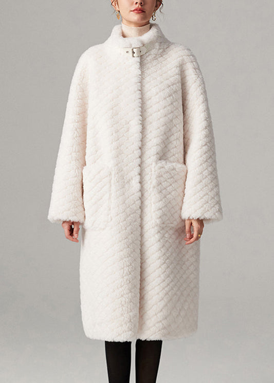 Abrigos largos de piel sintética lisa con bolsillos y cuello alto blanco de moda para invierno