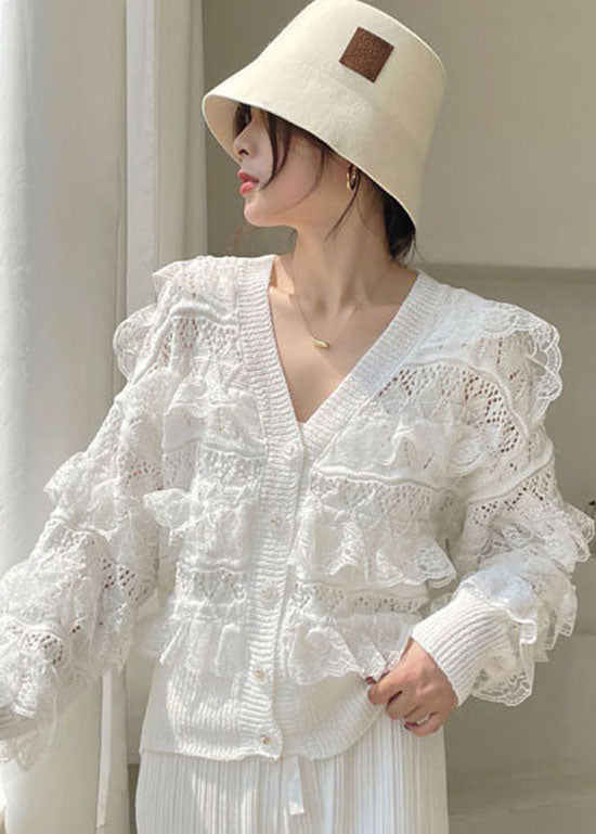 Mode Weiß V-ausschnitt Aushöhlen Rüschen Blusen Frühling