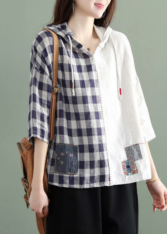 Mode Weiß mit Kapuze Plaid Patchwork Herbst Halbarm Shirt Top