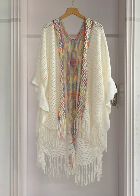 Fashion Yellow Low High Design Tassel Knit Shawl Batwing Sleeve