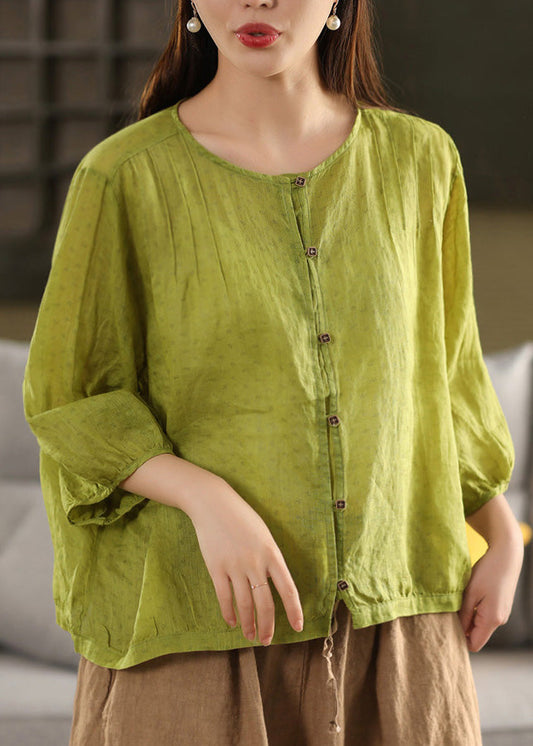 Fashion Yellow O Neck Button Linen Top Summer