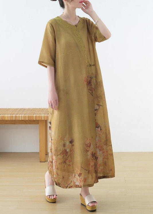 Fashion Yellow Print Oriental Party Dress Summer Linen Dress - SooLinen