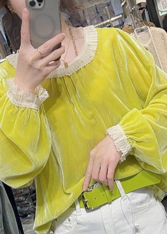 Fashion Yellow Ruffled Nail Bead Silk Velour Shirt Fall