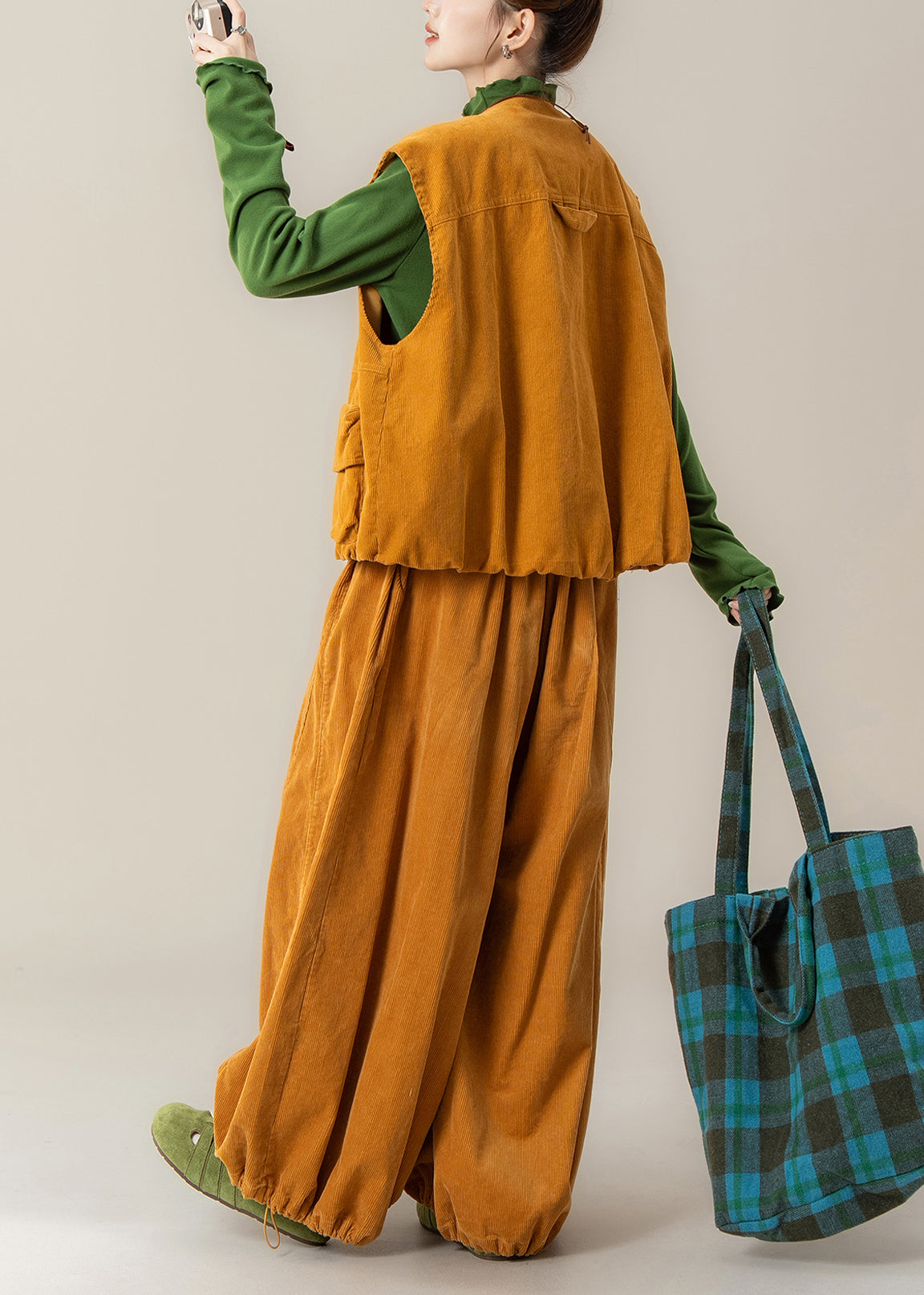 Conjunto de 3 piezas de pana con bolsillos y cremallera amarilla para mujer, para invierno